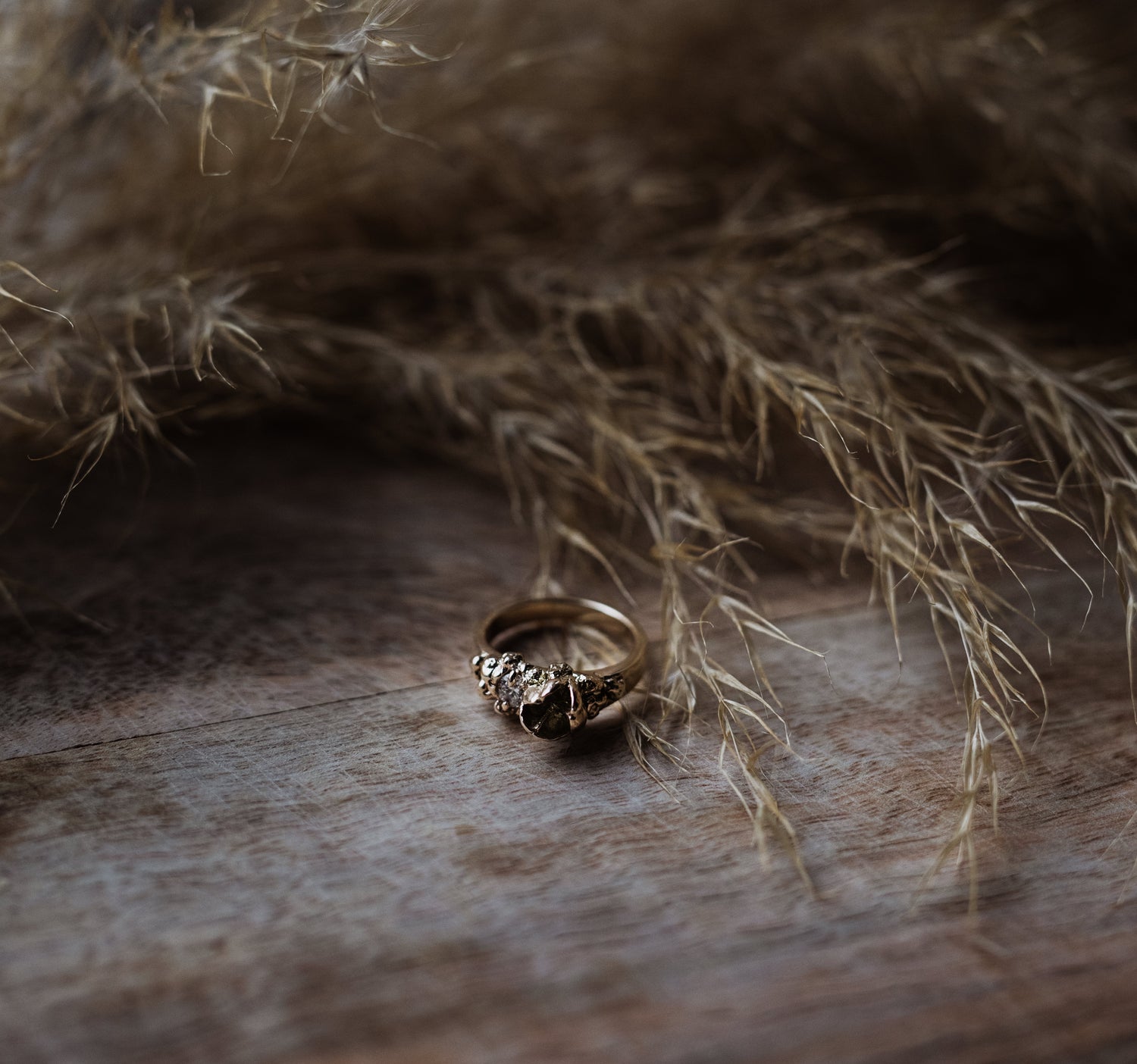 Jane Harrison Jewellery moody banner image with ring and dried grass